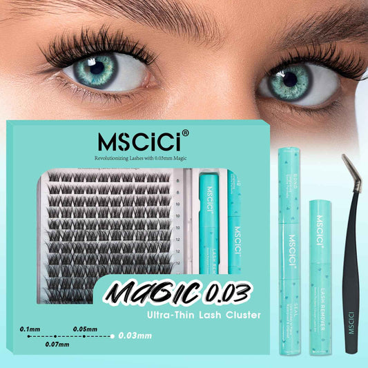 Ultra-Soft Waterproof Lash Clusters Kit - Invisible Clear Lash Band, Latex-Free Black Lash Glue for Sensitive Eyes, DlY Hybrid Fluffy Wispy Cluster Lashes(3D Effect VogueFlora Lash Kit 8-16mm D Curl)