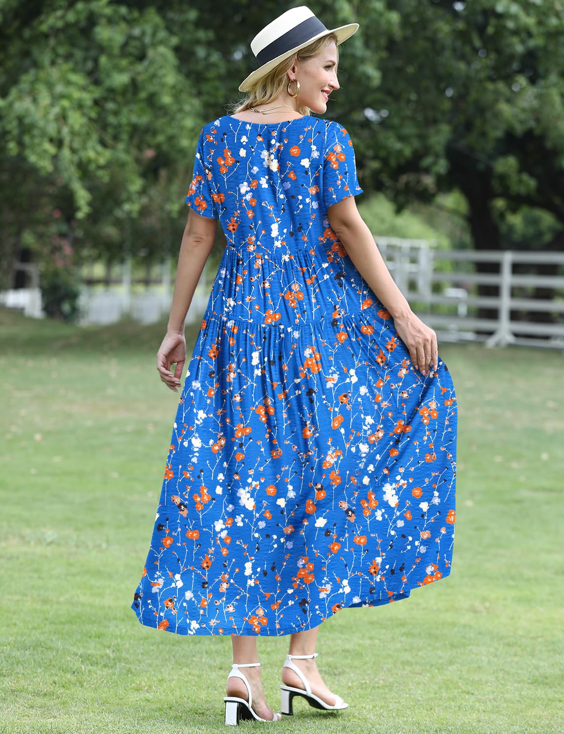 YESNO Women Casual Loose Bohemian Floral Dress with Pockets Short Sleeve Long Maxi Summer Beach Swing Dress S EJF CR414