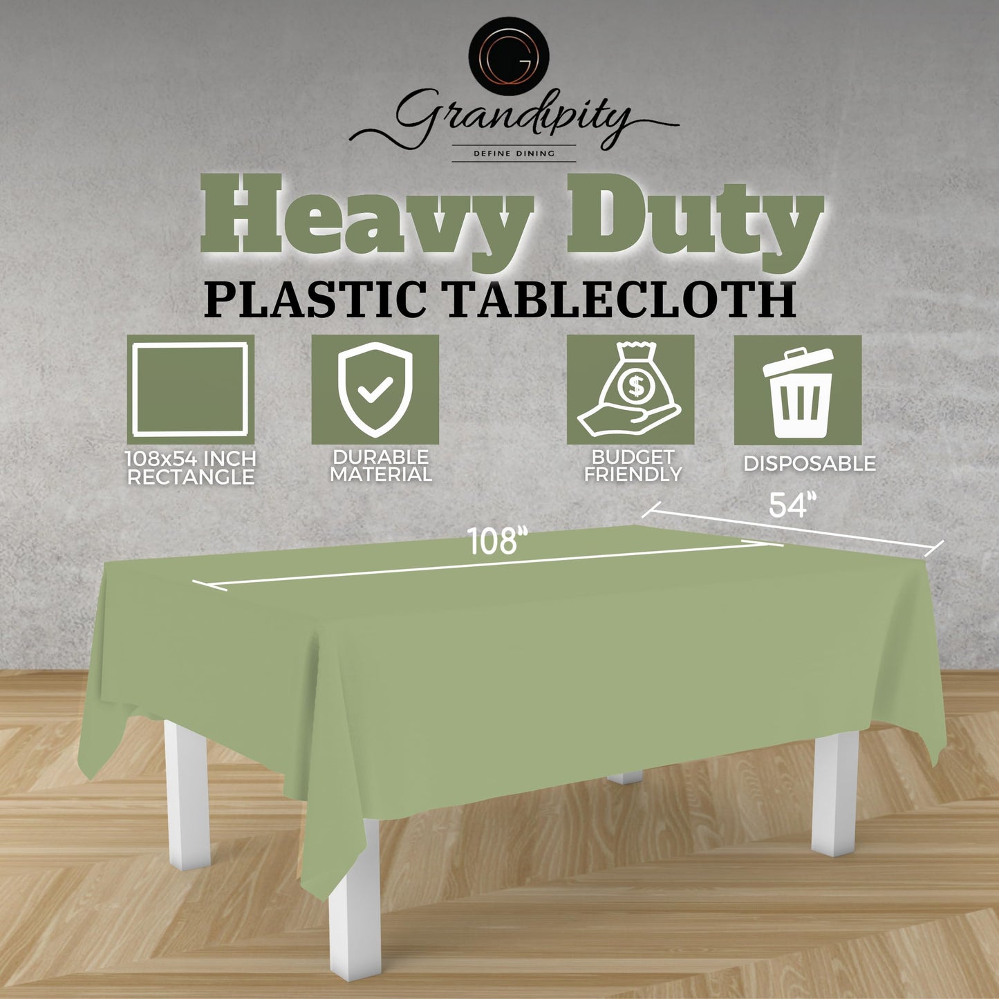 Grandipity Sage Green 12 Pack Premium Disposable Plastic Tablecloth 54 Inch. x 108 Inch. Rectangle Table Cover