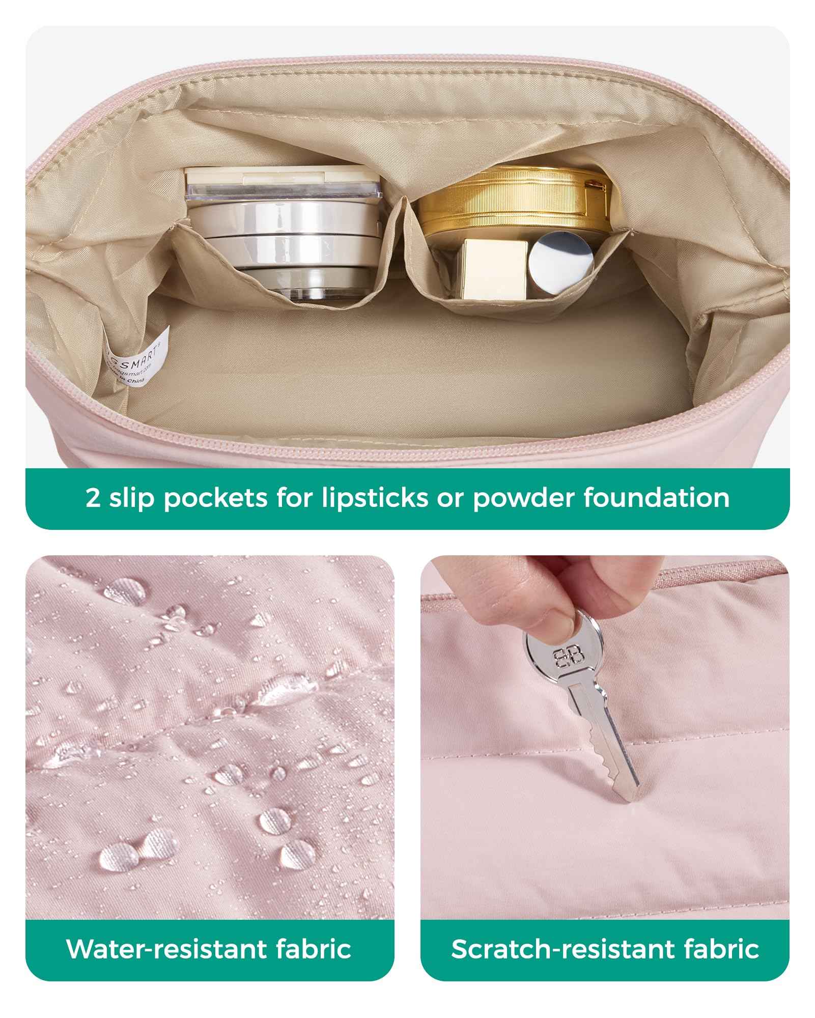 BAGSMART Makeup Bag Travel Toiletry Bag, Puffy Padded Make Up Bags for Women, Makeup Organizer Wide-open Pouch Purse, Travel Essentials for Toiletries Accessories Brushes, Pink