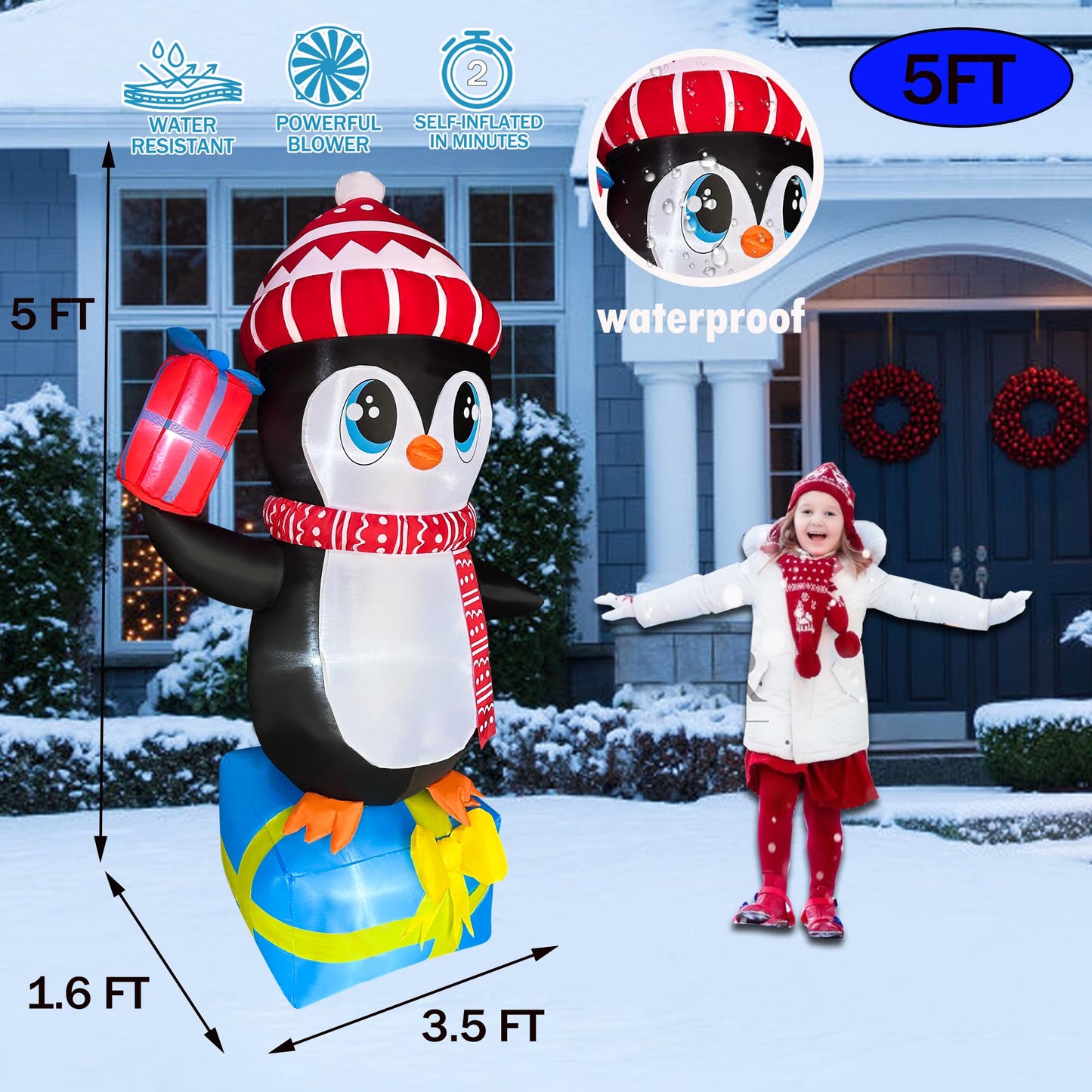 JOYEASE 5.5 FT Christmas Inflatables Penguin Standing in Gift Box Decorations LED Lighted Xmas Christmas Blow ups for Party Indoor Outdoor Garden Yard Decor