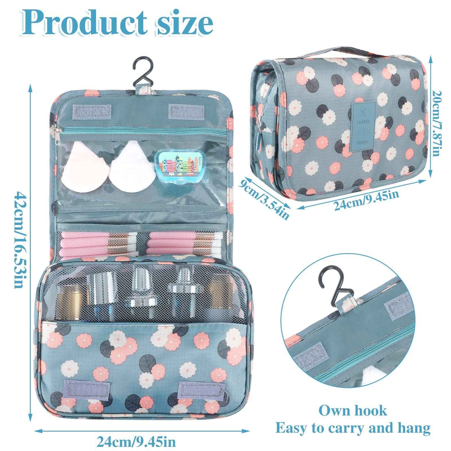 Pengxiaomei Toiletry Bag, Waterproof Hanging Cosmetic Bag Portable Travel Makeup Pouch Multifunction Handle Travel Toiletry Bag Organizer with Hook for Women Girls(Blue)