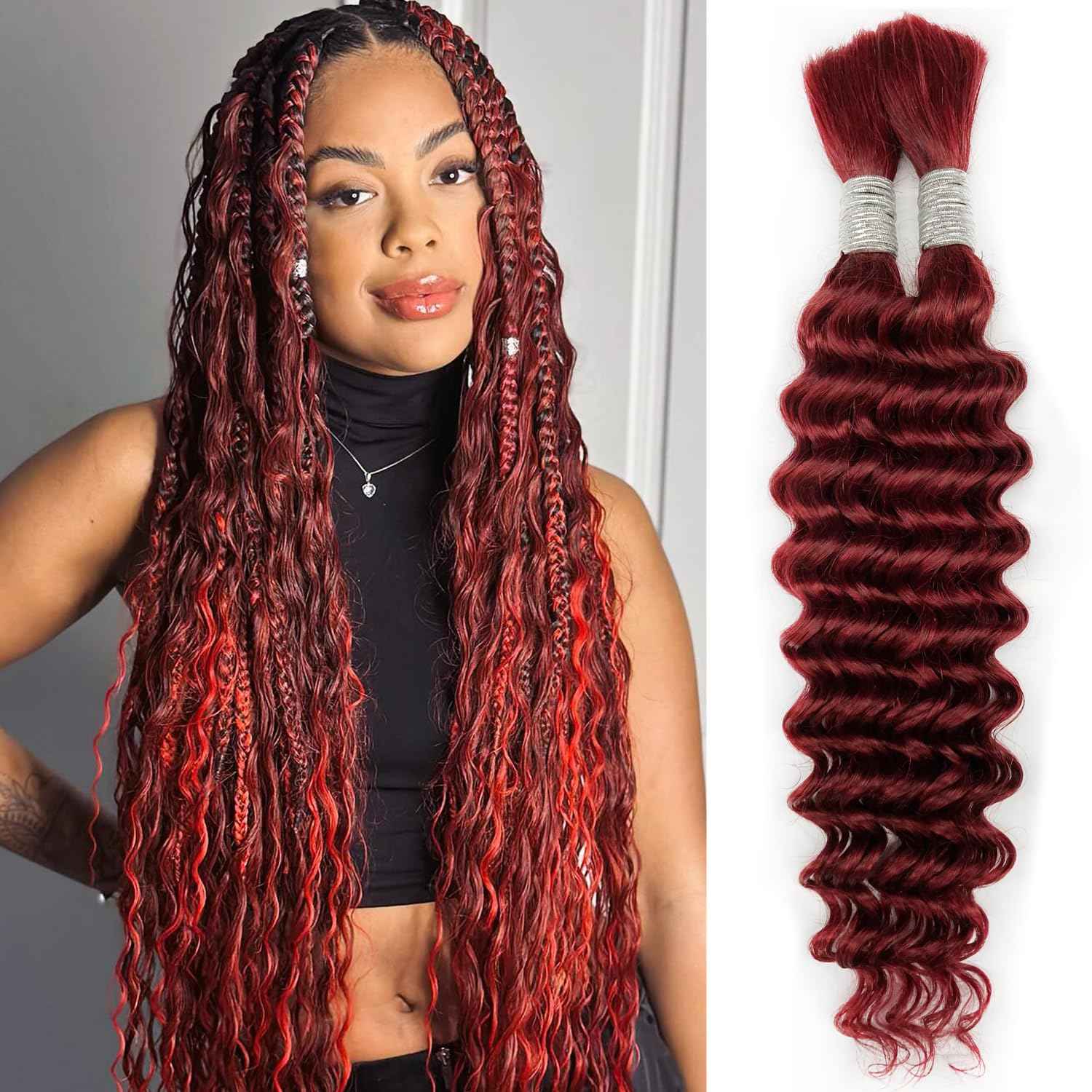 99J Human Braiding Hair For Boho Braids 16 Inch 100g Burgundy Deep Wave Human Hair Bulk For Braiding Wet And Wavy Human Hair For Bohemian Braids Water Wave 2 Bundles