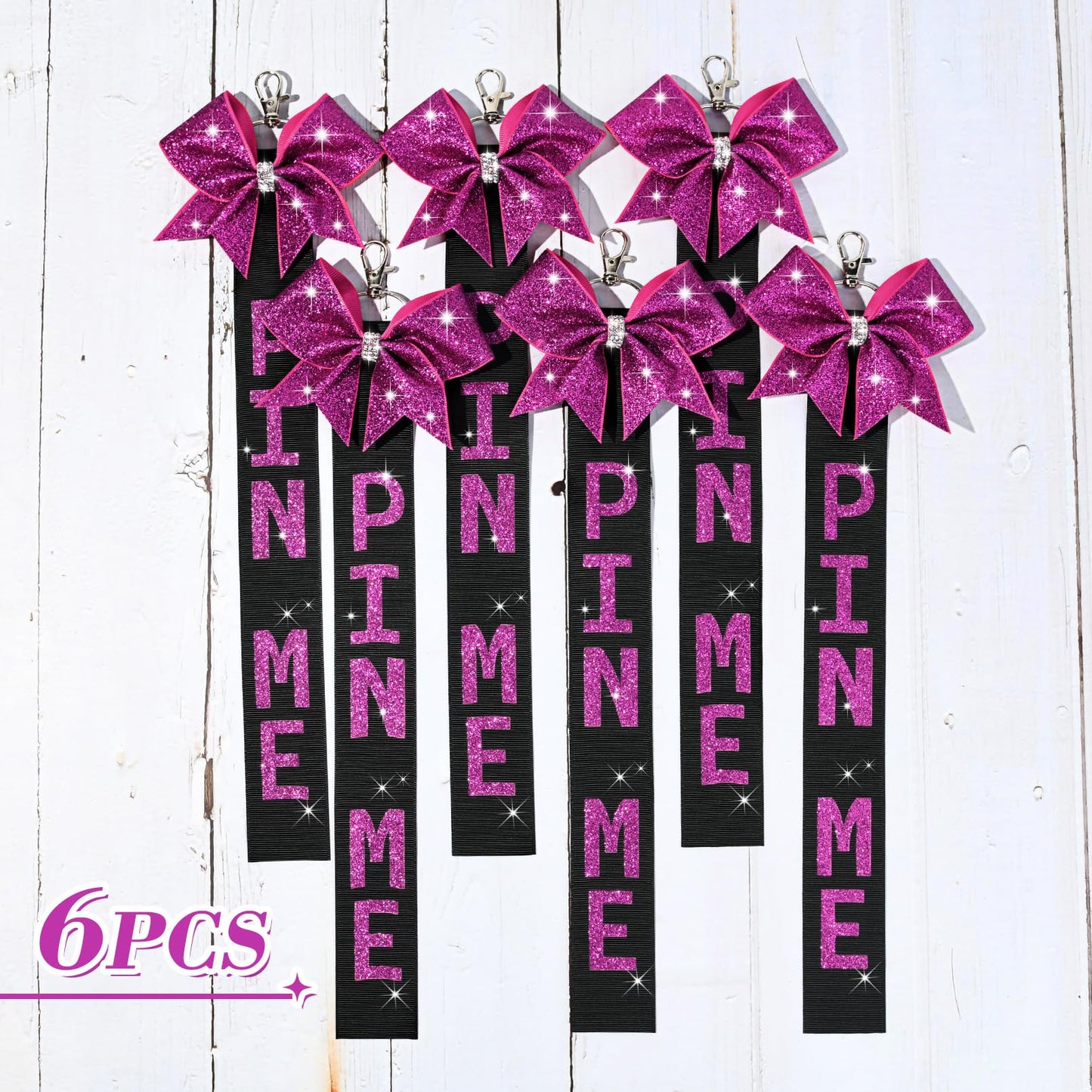 6 PCS Cheer Pin Me Ribbon Cheer Bag Bow Keychain with Rhinestones Bow Pin Me Cheer Competition for Teen Girls Cheerleading Sports Accessory(Pink)