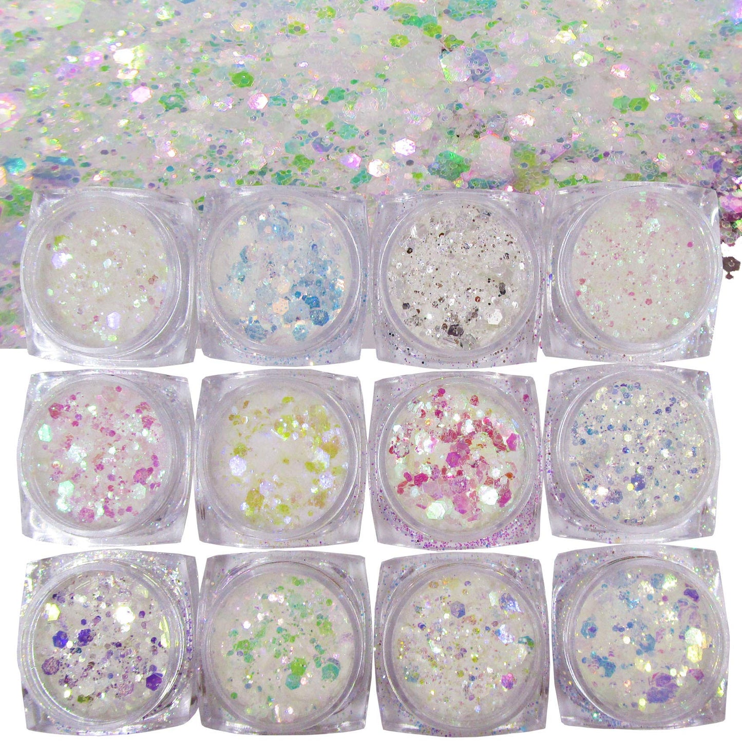 LuckForever 12 Colors Mermaid Iridescent Chunky Glitter Hexagon Fine Glitters Sequins Flakes & Powder Pigment for Epoxy Resin Makeup Body Crafts Nail Art Designs