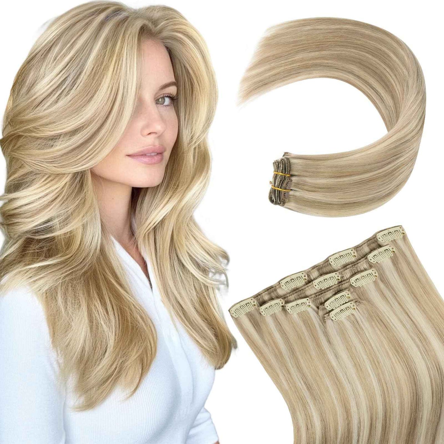 MEI YUAN LIN Clip In Hair Extensions 14 Inch 5pcs 80g Light Blonde Highlighted Golden Blonde Real Human Hair Extensions Double Weft Easy To Apply