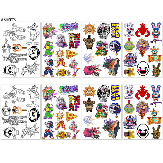 Pounchi Horror FNAF Temporary Tattoos (8 Sheets) Gifts Halloween Decor Cosplay Waterproof Temporary Tattoos Cartoon Stickers Party Favors Supplies for Teens Kids