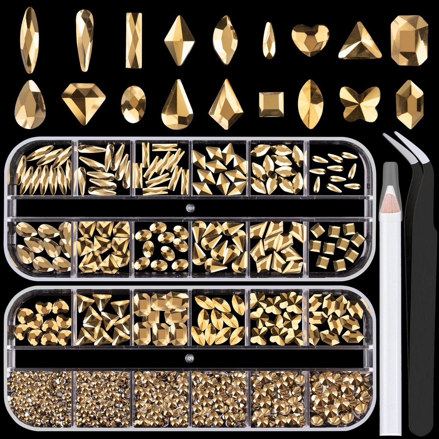 18 Styles Multi-Shaped Glass Gemstones for Nails and 6 Sizes Round Crystal Rhinestones Kit #9, Mineral Gold Nail Art Charm Bead Manicure Decoration with Pickup Pencil and Tweezer