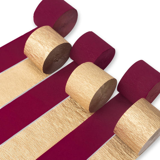 PartyWoo Crepe Paper Streamers 6 Rolls 492ft, Pack of Crepe Paper Streamers in Burgundy and Gold, Crepe Paper for Birthday Decorations, Party Decorations, Wedding Decorations (1.8 in x 82 Ft/Roll)