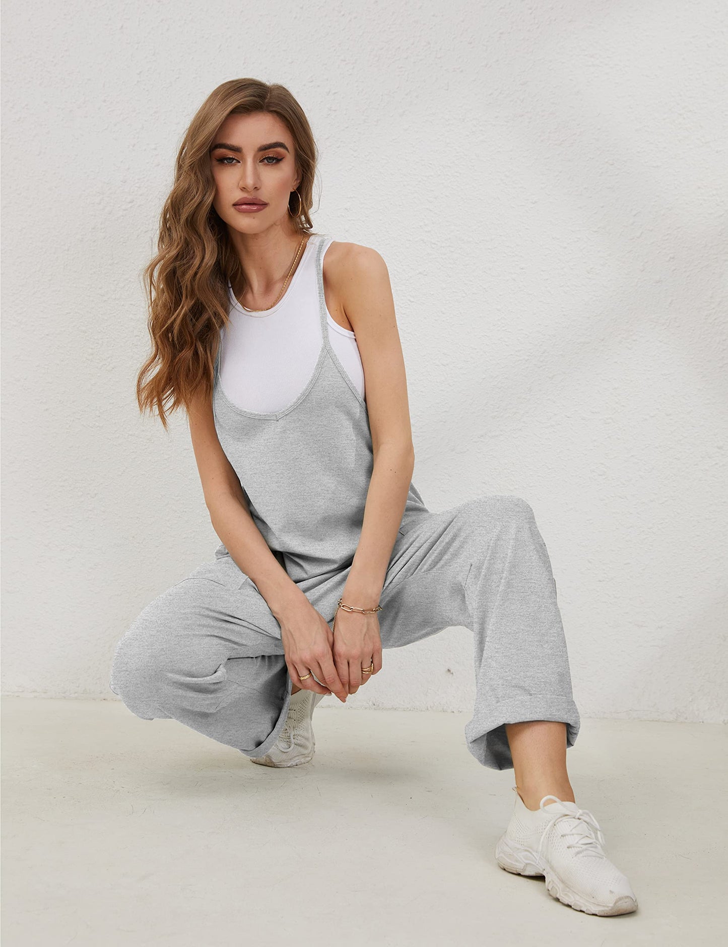 Lentta Women's Causal Jumpsuits V Neck Sleeveless Harem Overalls Stretchy Adjustable Strap Romper with Pockets(LightGrey-S)