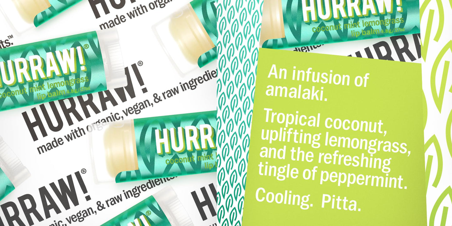 Hurraw! Pitta (Coconut, Mint, Lemon Grass), Kapha (Grapefruit, Ginger, Eucalyptus), Vata (Almond, Cardamon Rose) Lip Balms, 3 Pack Bundle: Organic, Certified Vegan, Cruelty, Gluten Free, 100% Natural