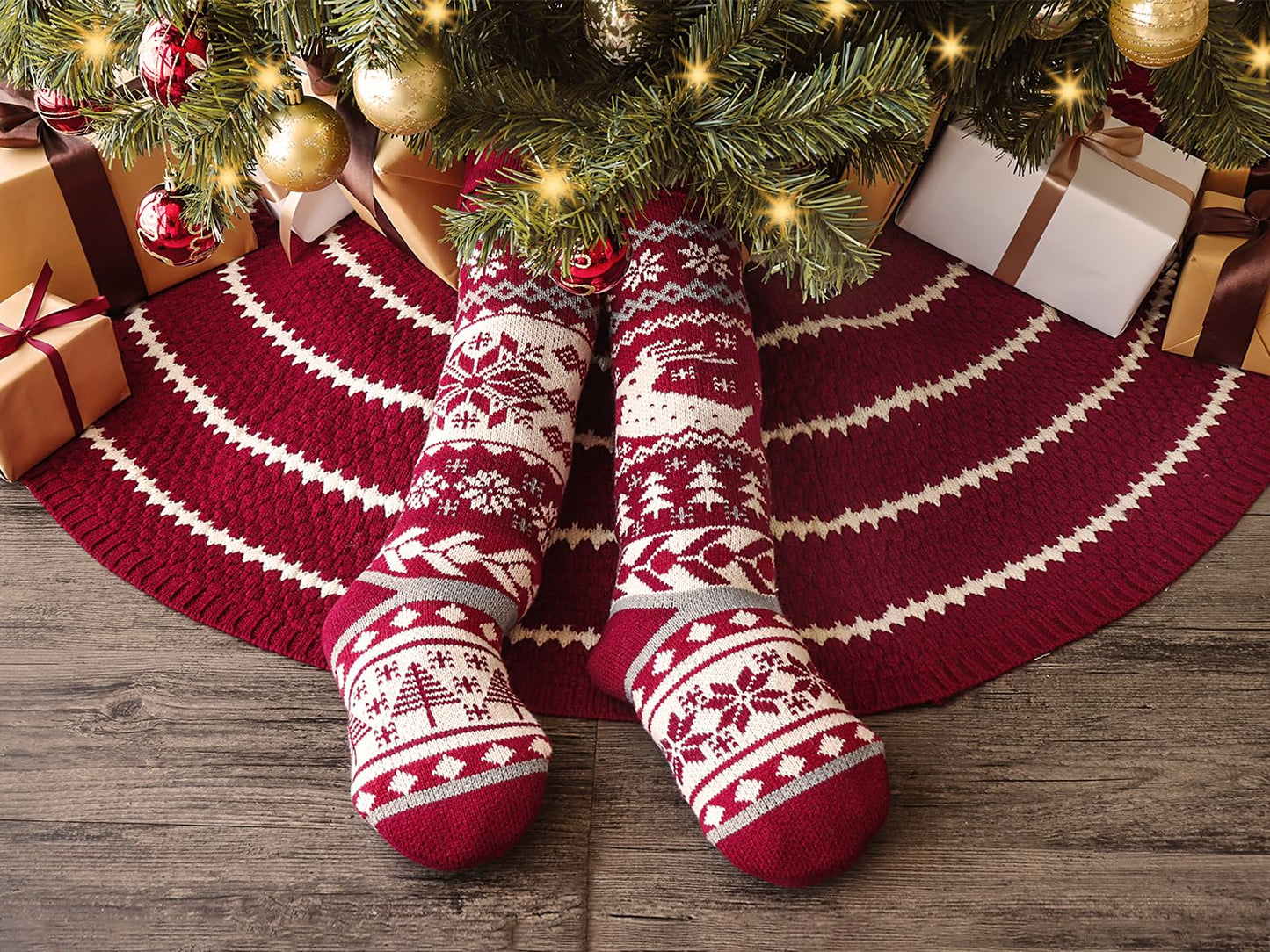 LimBridge Christmas Tree Skirt, 48 inches Knitted Rustic Stripe Thick Heavy Yarn Knit Xmas Holiday Decoration, Burgundy and Cream