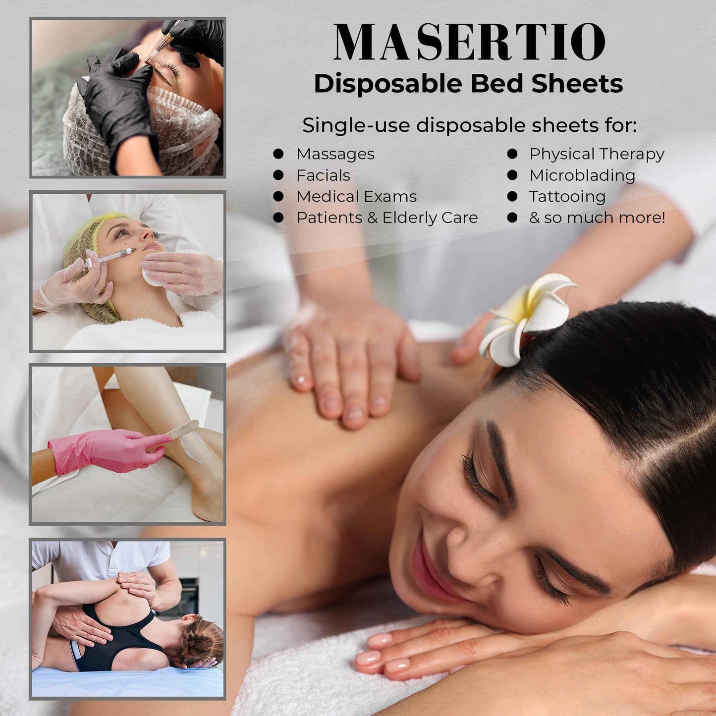 MASERTIO Disposable Massage Bed Cover - 60 Sheets Per Roll, Non-woven Disposable Material - Ideal for Spa, Massage Table, Tattoo, Waxing Table - No Crinkle Table Sheets - 31.5 x 71 Inches (1 Roll)