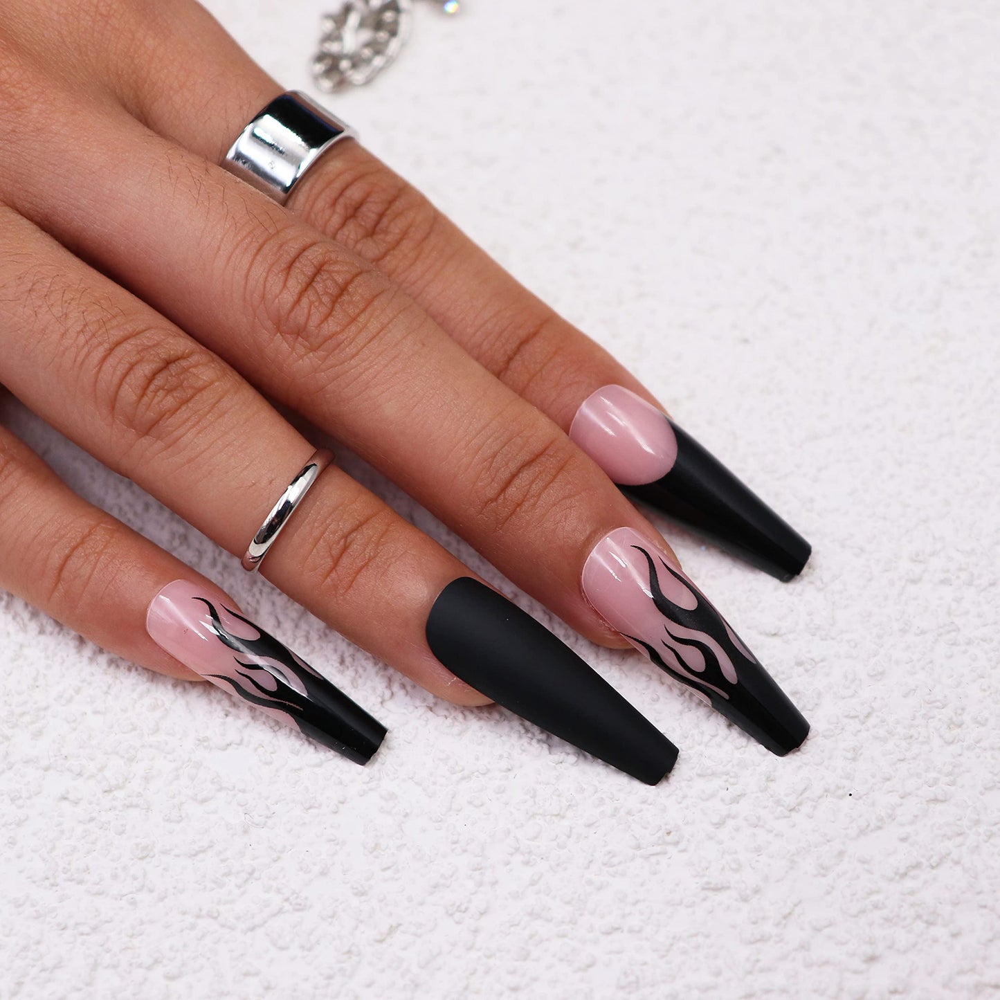 MISUD Long Coffin Press on Nails Ballerina Fake Nails Goth Black Flame Acrylic Nails Matte Glue on Nails Gothic Fire Sick on False Nails with Design 30 pcs