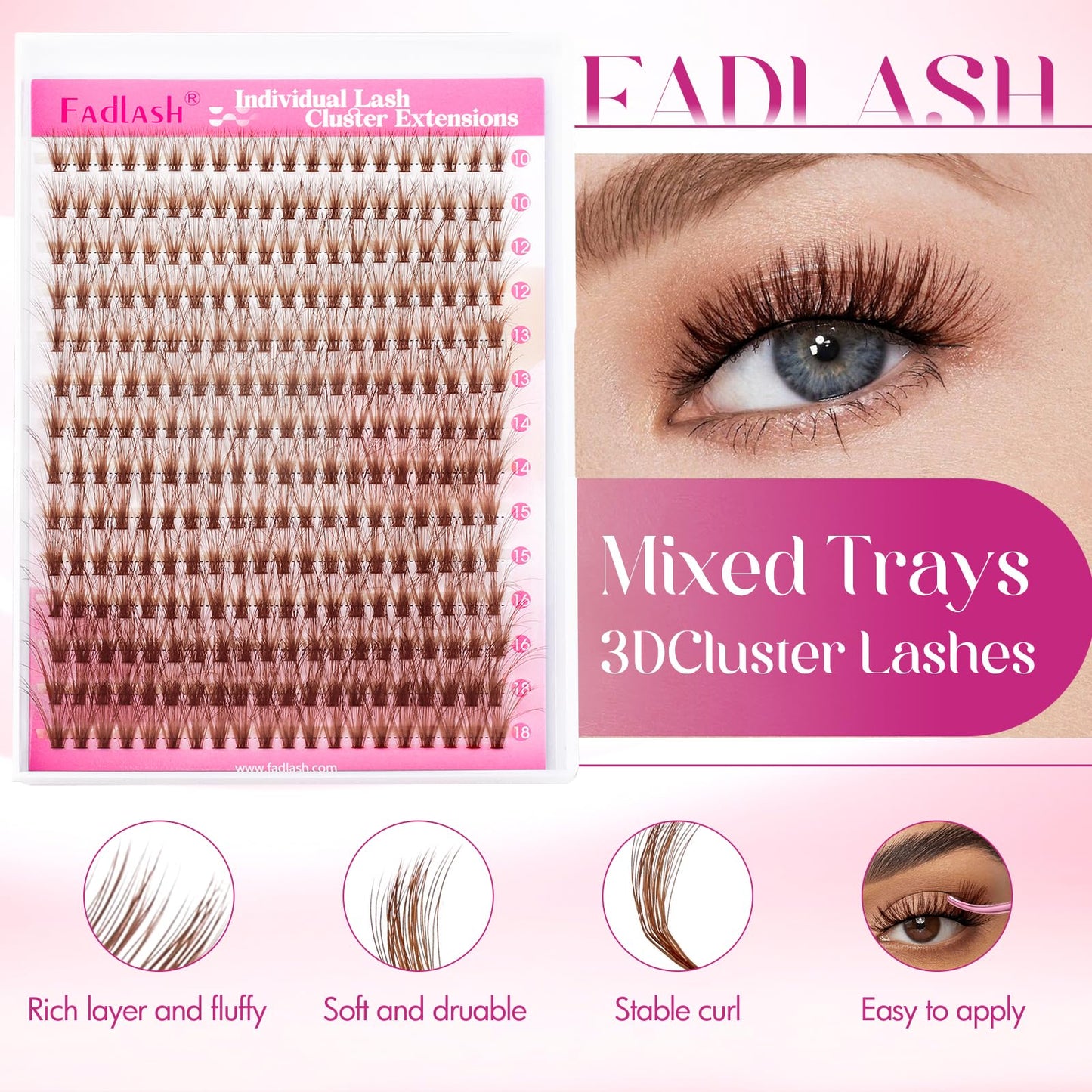 Brown Lash Clusters D Curl Individual Lashes 40D 10-18mm Cluster Eyelash Extensions Fluffy Mixed Tray 3D Effect Volume Soft DIY Lash Extension Kit at Home (40D-0.07-D,10-18mm)