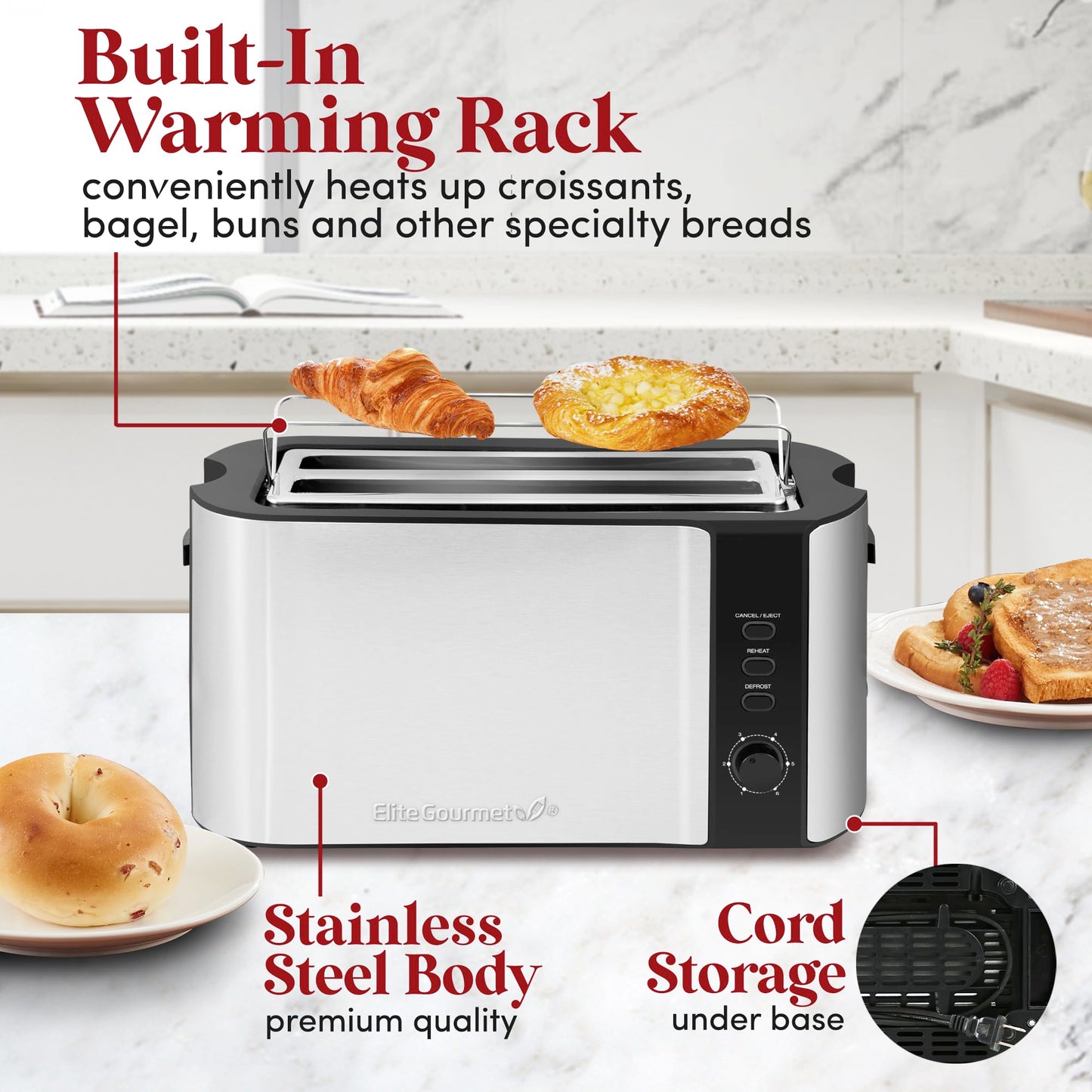 Elite Gourmet ECT-3100# Long Slot 4 Slice Toaster, Reheat, 6 Toast Settings, Defrost, Cancel Functions, Built-in Warming Rack, Extra Wide Slots for Bagels Waffles, Stainless Steel & Black