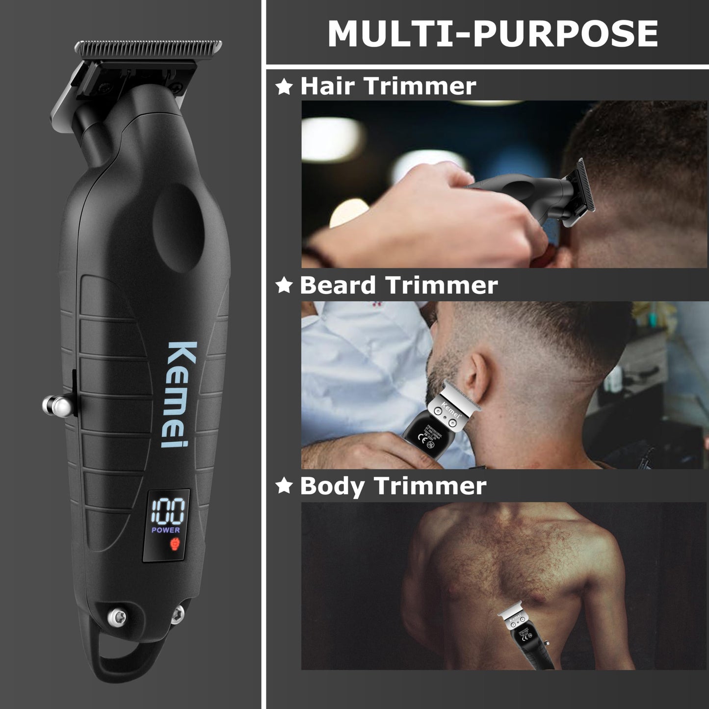 KEMEI 2293 Professional Hair/Beard Trimmer for Men Zero Gapped Hair Clippers for Barber with T Blade, Cordless Rechargeable