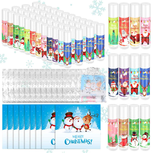 Swiffen 144 Pcs Christmas Gift 48 Merry Christmas Lip Balms Set Xmas Party Favors Thanks Gift for Coworker Friend Women Bulk Xmas Tree Snowman Santa Lip Balm with 48 Organza Bags and Tags
