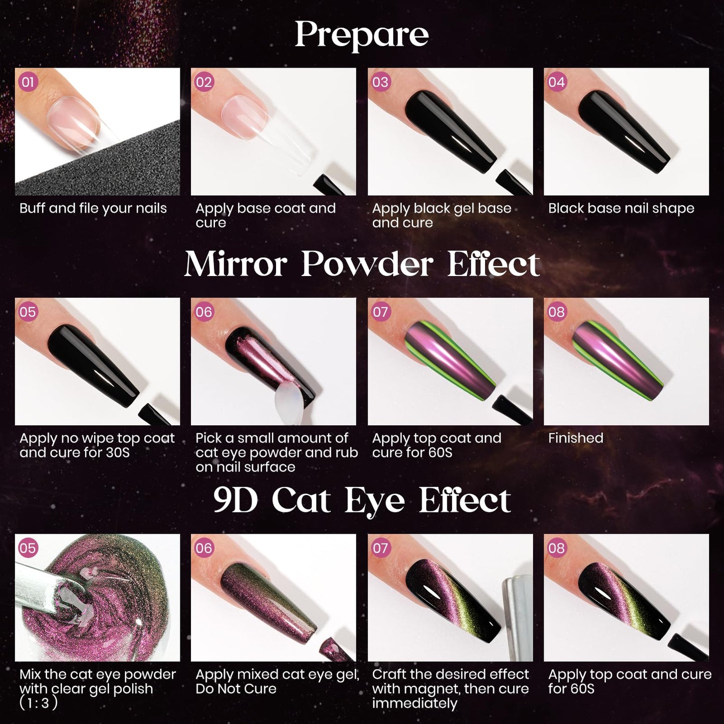 MIZHSE 9D Cat Eye Chrome Nail Powder Mirror Effect Pink Magnetic Glitter Pigment Powder for Gel Nails Chameleon Cateye Magic Galaxy Nail Art Powder with Magnet