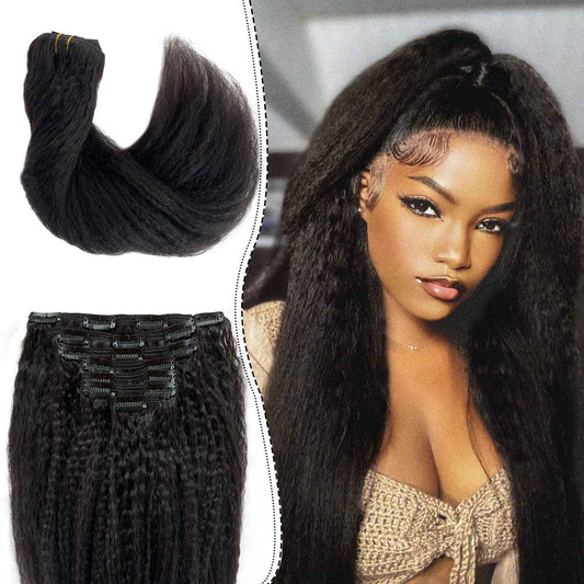 OiMiGO Real Hair Extensions, Natural Black Kinky Straight Clip in Extensions Brazilian Human Hair Clip ins Extension for Black Women 7 Pieces 14 Inch 120g