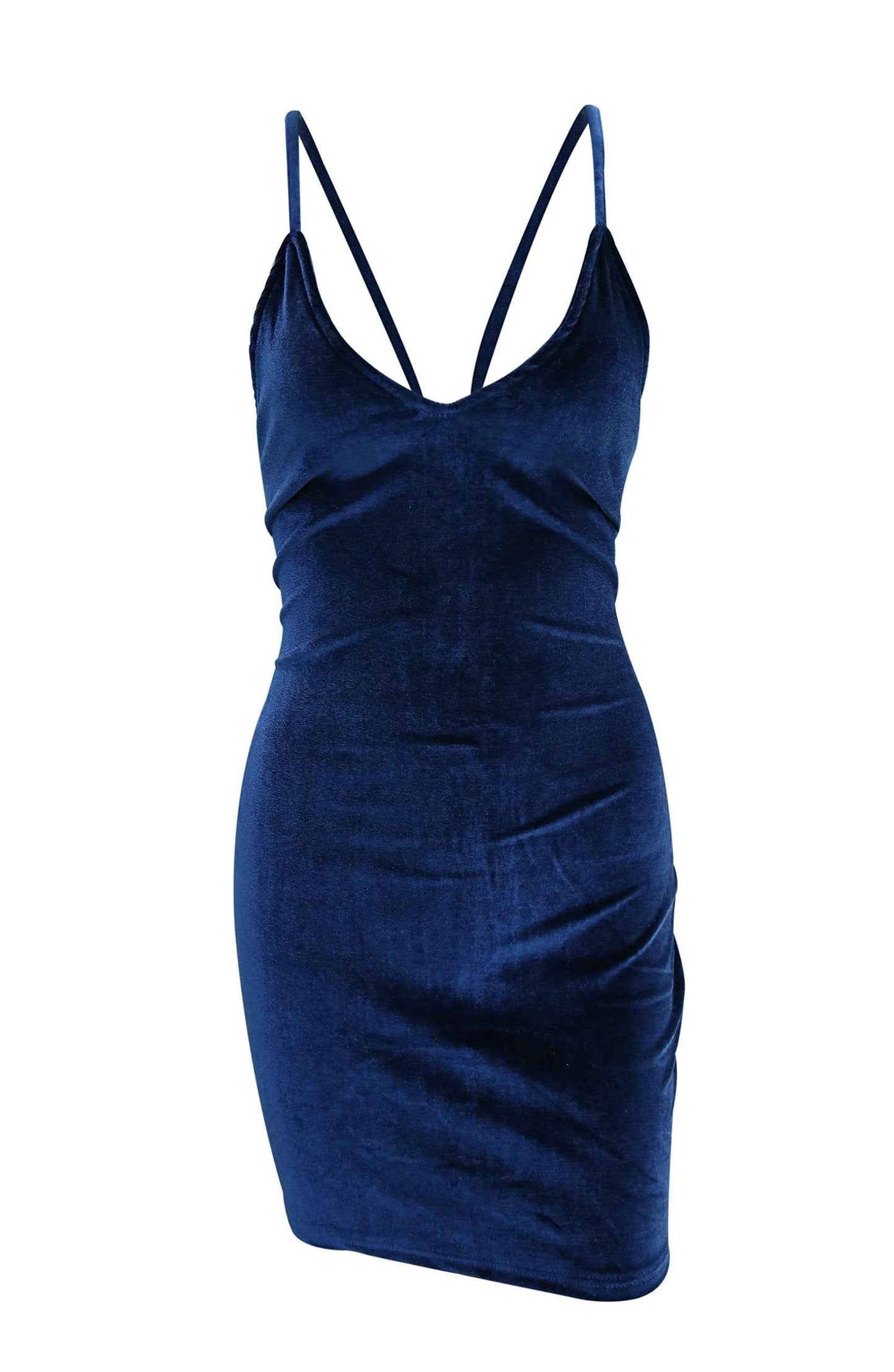 Zyyfly Women Elegant Low Cut Shoulder Strap Bandeau Open Back Tight Cotton Velvet Above Knee Sheath Celebrity Nightclub Dress Navy Blue XS