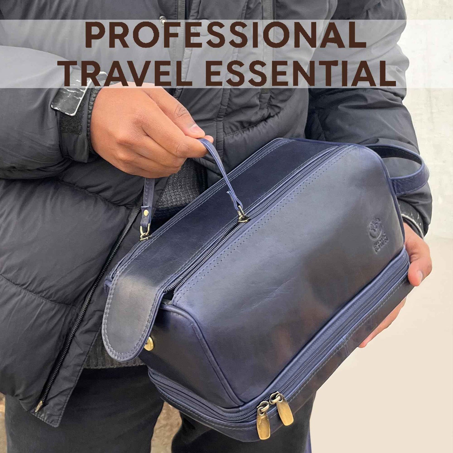 RUSTIC TOWN Leather Toiletry Bag for Men - Travel Shaving Ditty Kit - Bathroom Shower Toiletries Organizer - Cosmetic Makeup Bag for Women