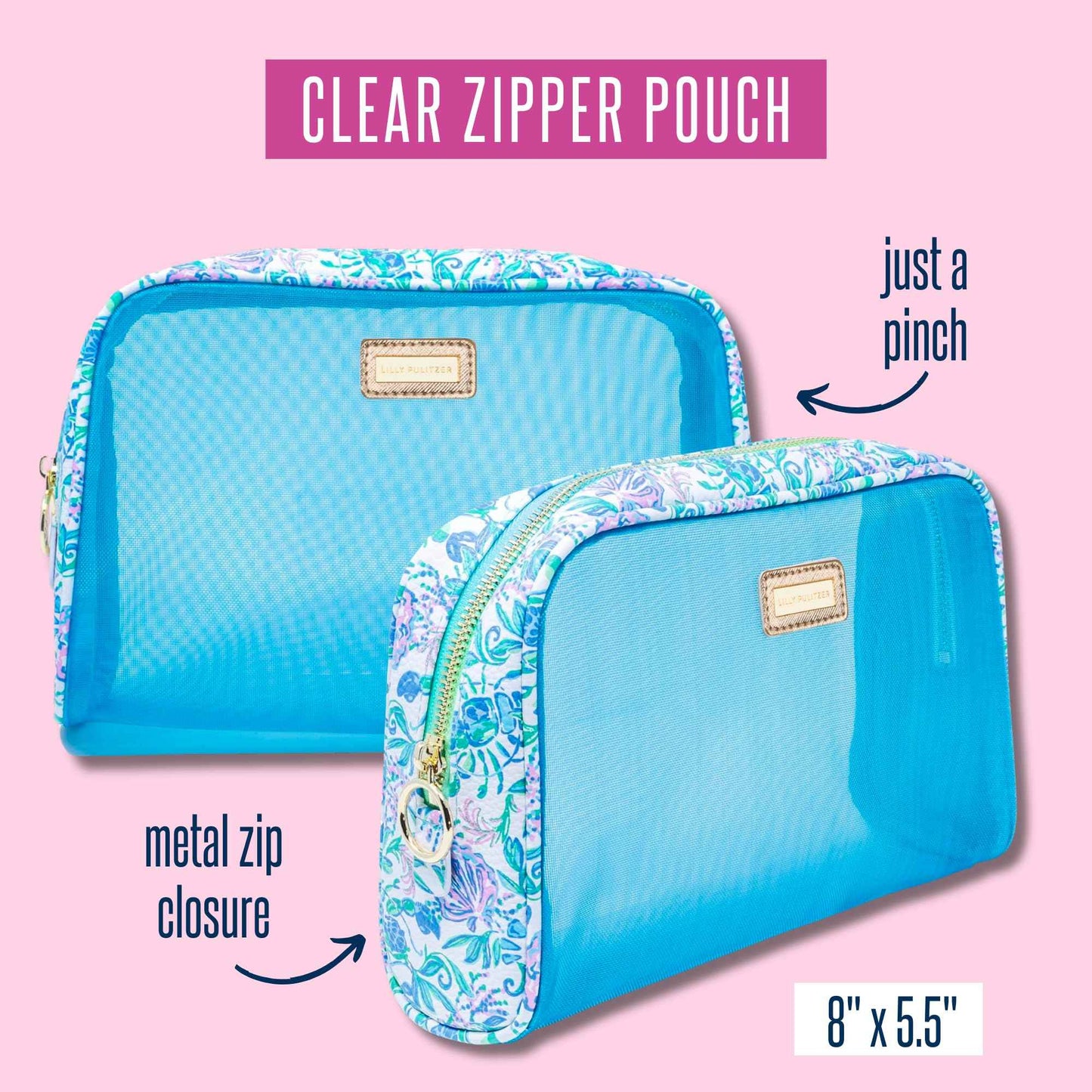 Lilly Pulitzer Clear Zipper Pouch, Cute Pencil Case for Adults, Travel Toiletry Bag, Small Pouch Bag for Supplies, Makeup or Toiletries, Just a Pinch