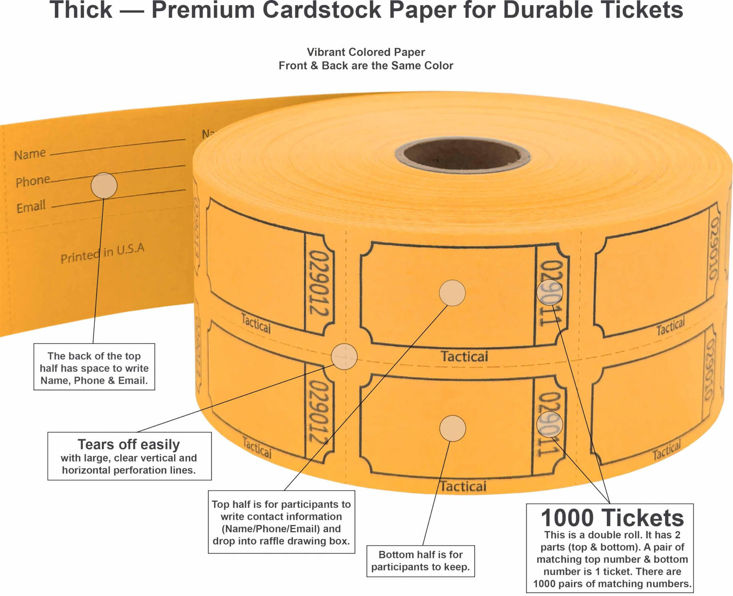 Tacticai 1000 Raffle Tickets, Blank, Orange (8 Color Selection), Double Roll for Events, Entry, Class Reward, Fundraiser & Prizes