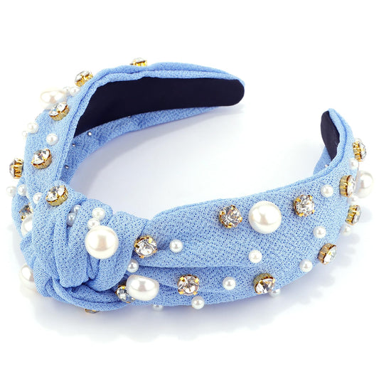 VELSCRUN Light Blue Headband Knotted Pearl and Rhinestone Crystal Hair Accessories for Women, Girls - Wide Head Band, Top Knot Holiday Gift for Mothers, Sisters