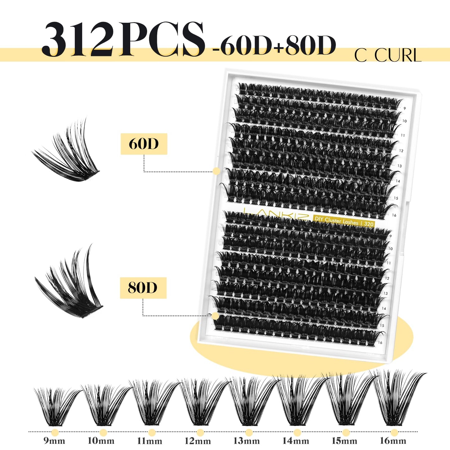 LANKIZ Lash Extension Kit, 60+80D Lash Clusters Kit, 312pcs Individual Lashes with Lash Bond & Seal, 9-16mm DIY Eyelash Extension Kit for Beginners, Wispy Lash Kit at Home