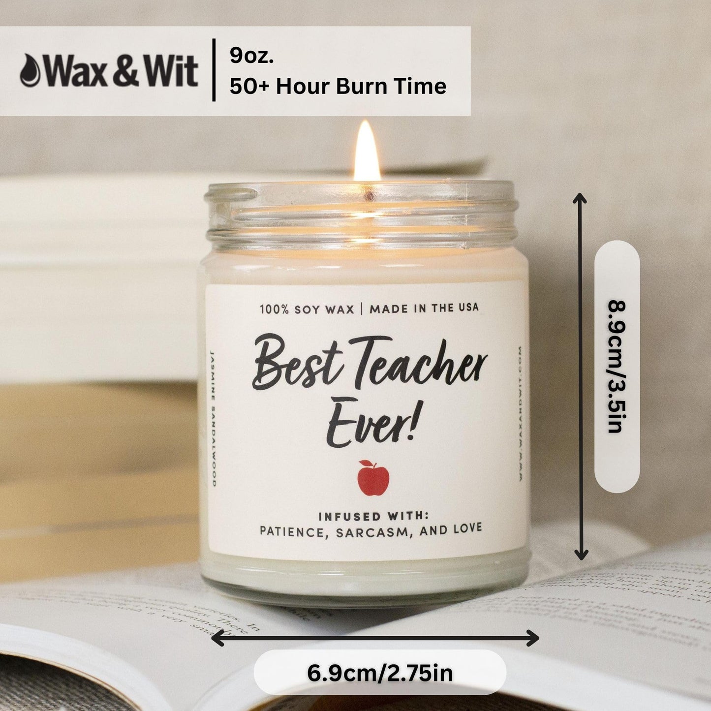 WAX & WIT Teacher Gifts for Women, Teacher Candle, Jasmine Sandalwood Scented Candle, Teacher Appreciation Gifts, Cool Gifts for Teachers, Best Teacher Gifts for Women, White Candle - 9oz