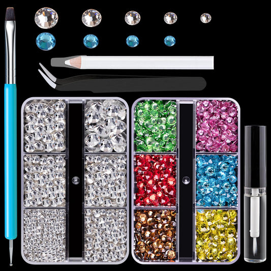 Colorful Face Gems Kit with Makeup Glue, 2-6mm Clear Glass Round Flatback Crystal + 2-5mm Resin Rhinestones for Eye Hair Makeup Body Art Manicure DIY Crafts With Dot-Brush Pen, Pickup Pencil, Tweezers