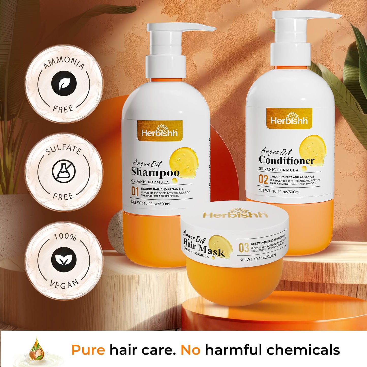 Herbishh Moroccan Argan Oil Shampoo and Conditioner Set with Hair Mask, Moisturizing & Deep Cleansing Kit For Dry, Damaged, Frizzy Hair, Color Safe & UV Protection 16.9fl.oz + 16.9fl.oz + 10.1 fl.oz