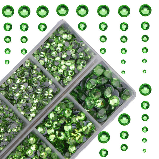 10000Pcs 2-Boxes Mixed Size Hot Fix Round Crystals Gems Glass Stones Hotfix Flat Back Rhinestones with tweezers and picking pencil (Peridot)