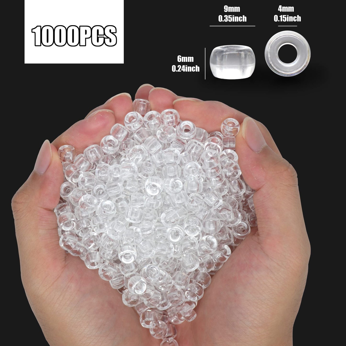 Auvoau 1000Pcs Pony Beads Bracelet 9mm Clear Plastic Barrel Pony Beads for Necklace,Hair Beads for Braids for Girls,Key Chain,Jewelry Making (Crystal)