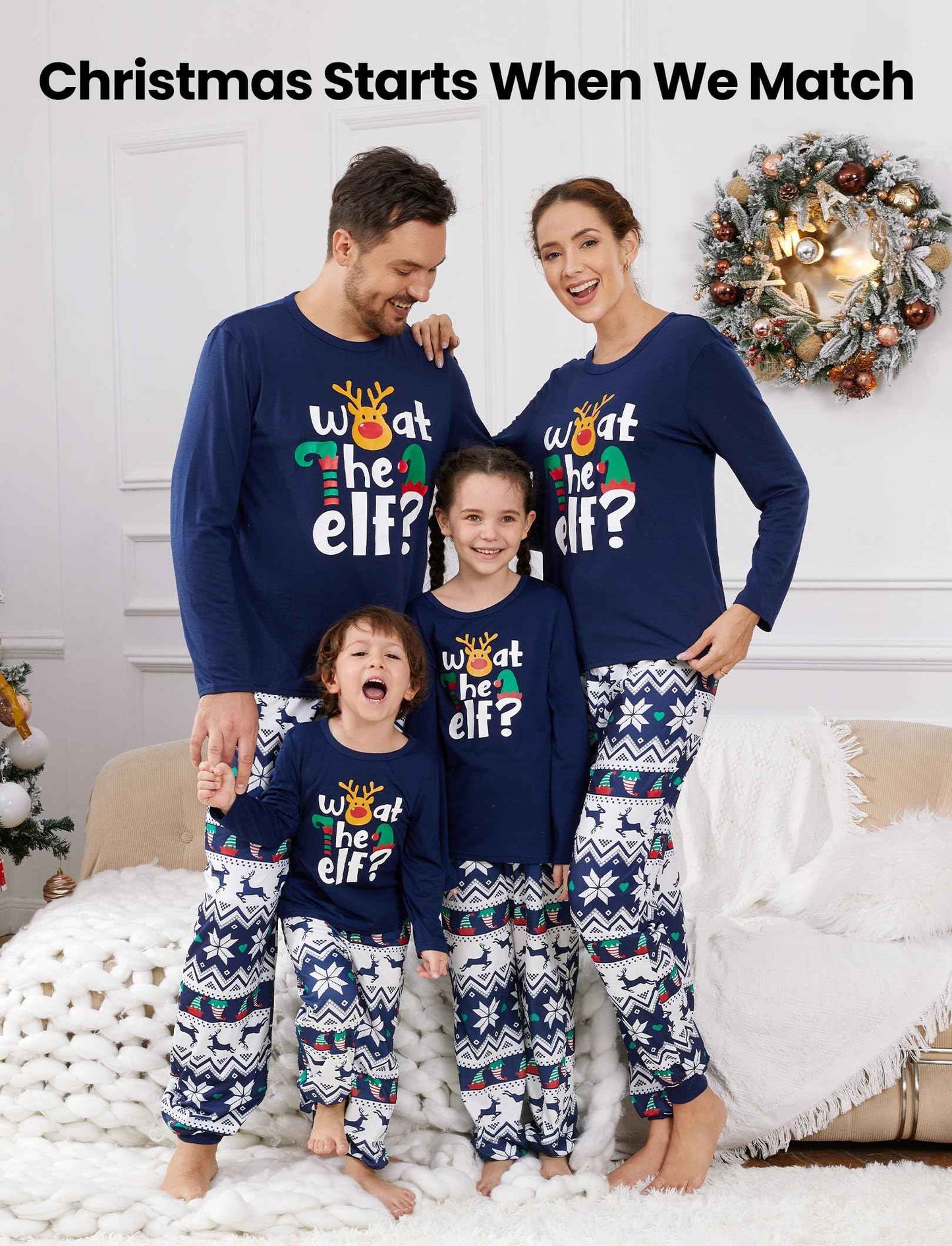 PATPAT Family Christmas Pajamas Matching Sets Funny “What the Elf” PJs Blue Holiday Sleepwear, Christmas Pajamas for Family with Baby, Kids, Adults, Couples including Socks