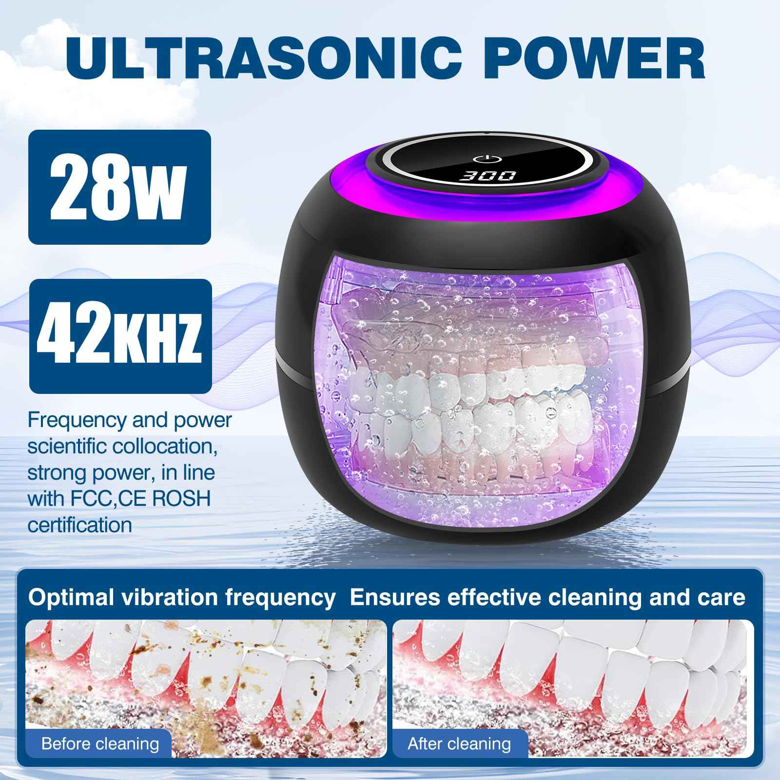 Dental Ultrasonic Retainer Cleaner Machine: 42KHz 28W 180ml,Dental Cleaning Pod for Dentures, Aligners & Mouthguards