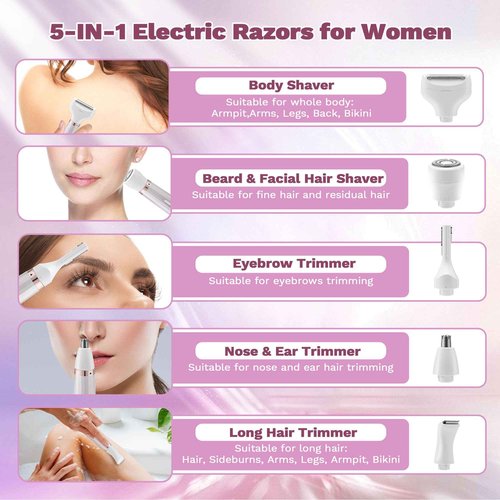Electric Razors for Women, 5 in 1 Bikini Trimmer for Women, Wet/Dry Womens Electric Shaver Razor, Face Shaver for Face Nose Eyebrow Arms Armpit Legs Pubic Area, Facial Hair Removal (Purple)