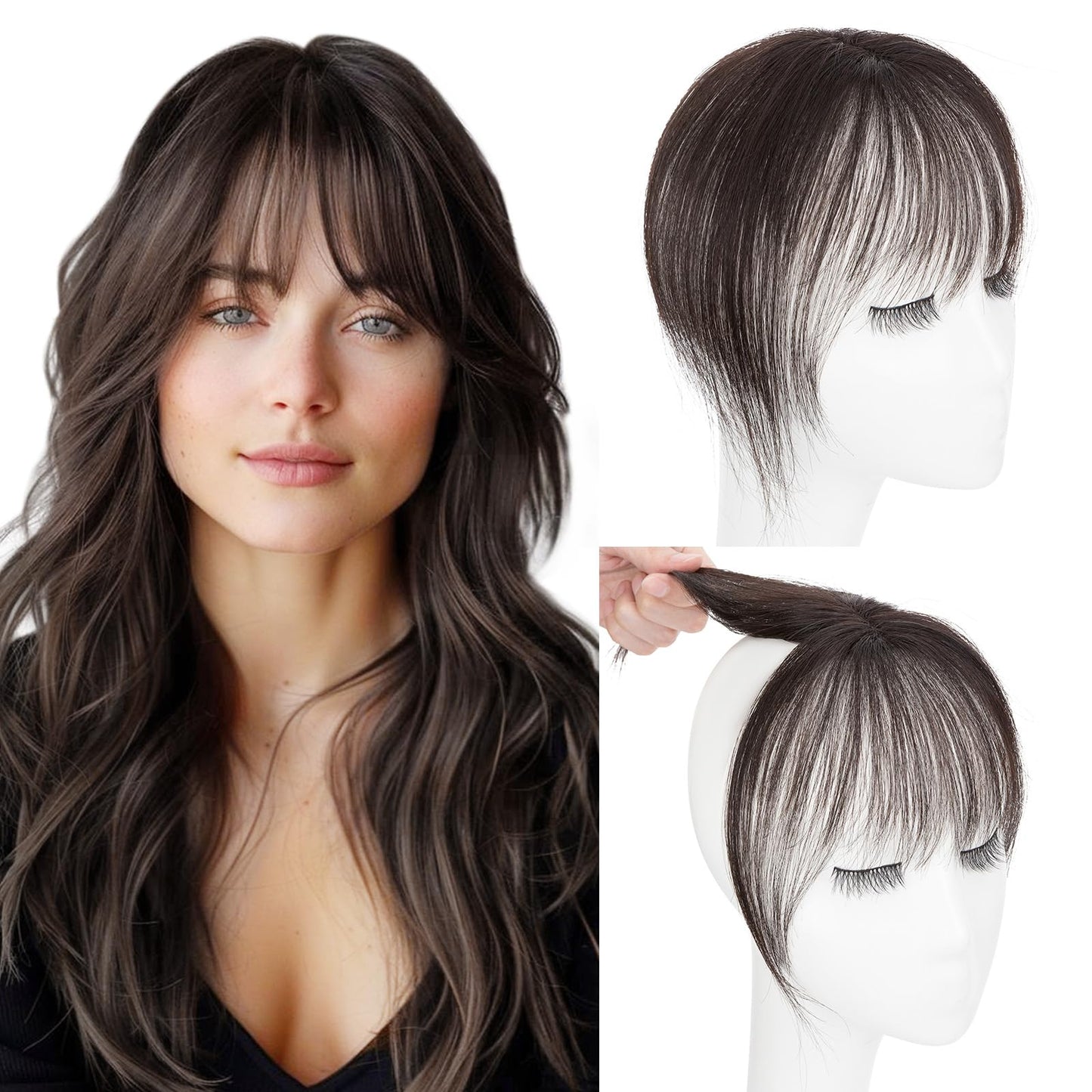 Hairro Clip in Bangs 100% Real Human Hair, Wispy Bangs 360° Cover 3D Clip on Hair for Women, Fake Bangs Air Bangs for Daily Wear Hairpieces Hair Extensions, 8 Inch Black