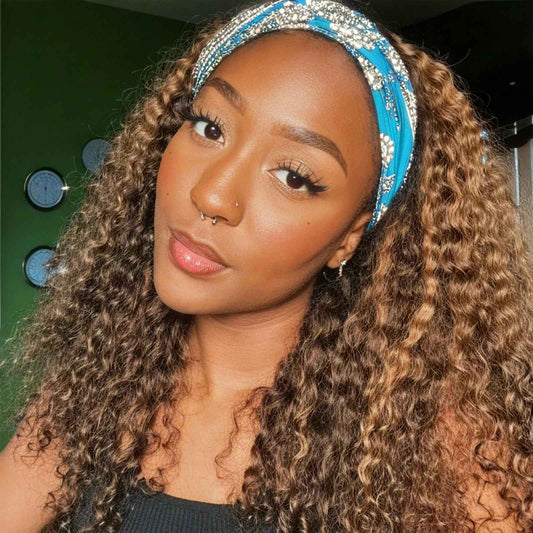 Brazilian Human Hair Headband Wig - Deep Wave, Highlight, Curly, Glueless (14 inch, 4/27 Highlight)