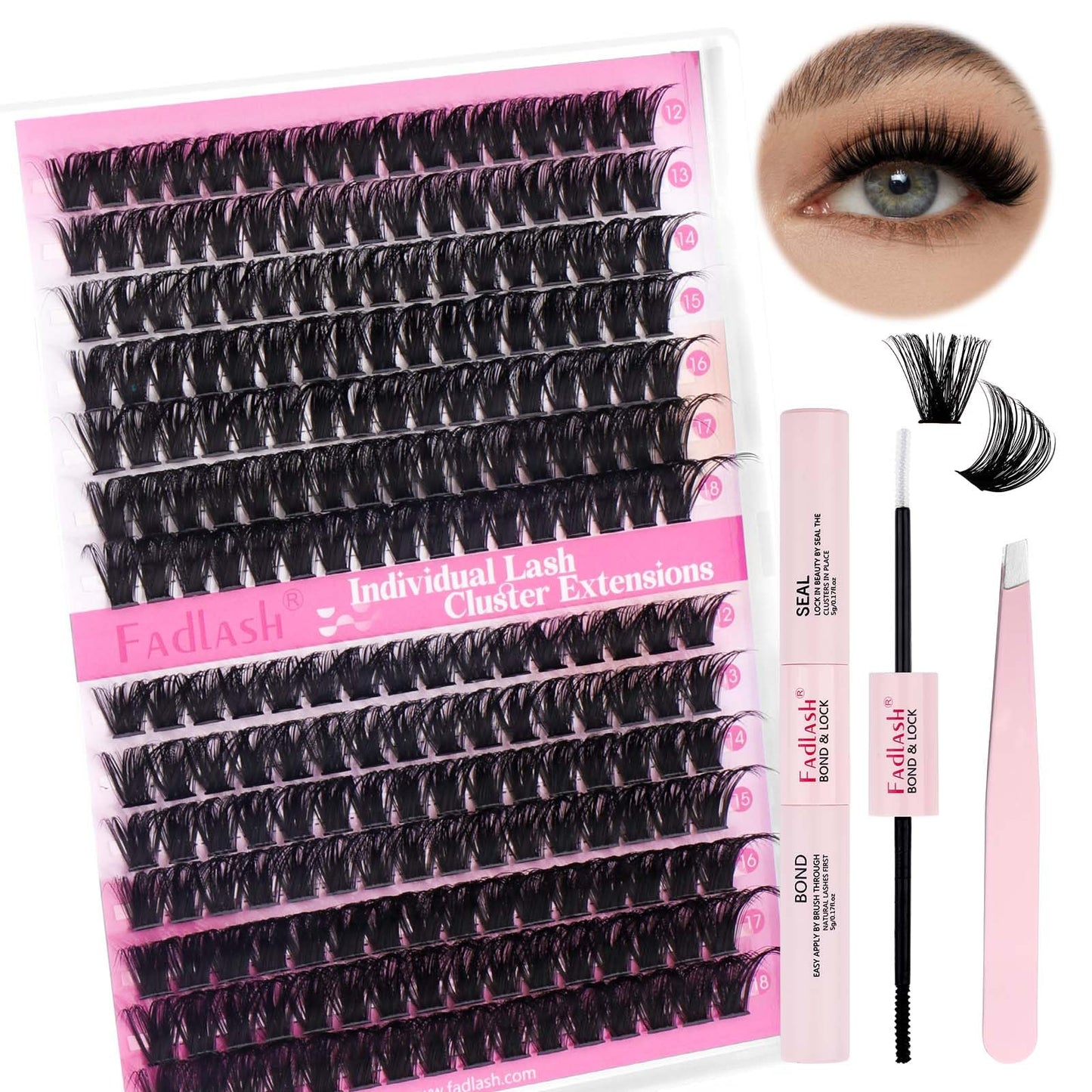 FADLASH Lash Extension DIY Kit Volume Fluffy Lash Clusters D Curl Cluster Lashes with Lash Bond and Seal Lash Tweezers for DIY Eyelash Extension at Home for Self Use（Kit 80D+100D-0.07D-12-18MIX）