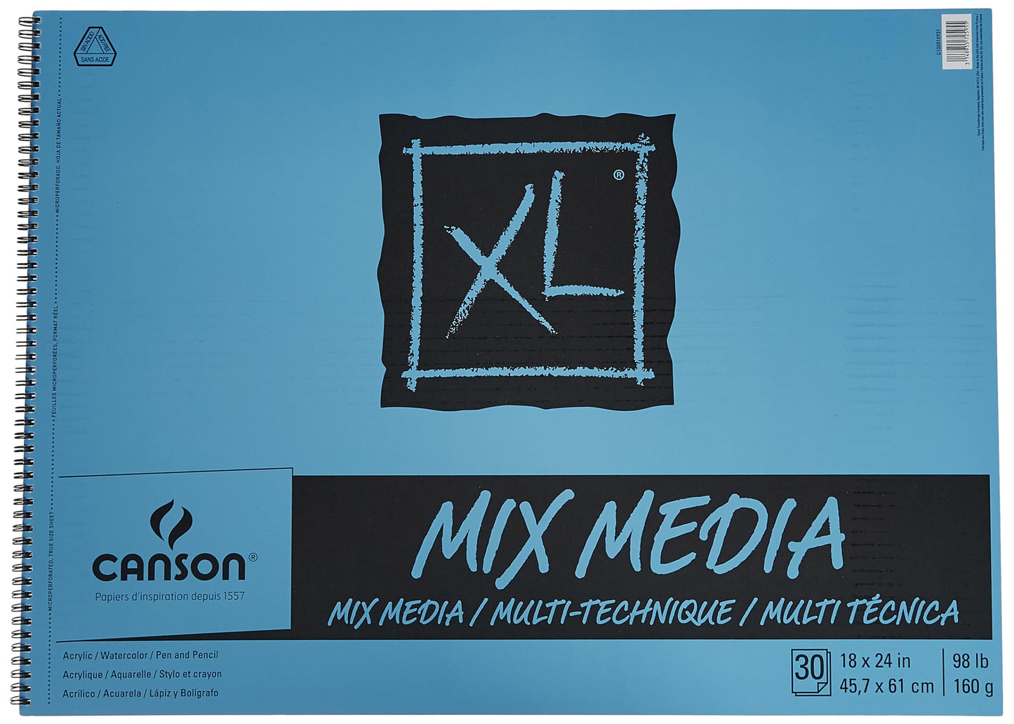 Canson XL Series Mixed Media Pad, Side Wire, 18x24 inches, 30 Sheets – Heavyweight Art Paper for Watercolor, Gouache, Marker, Painting, Drawing, Sketching