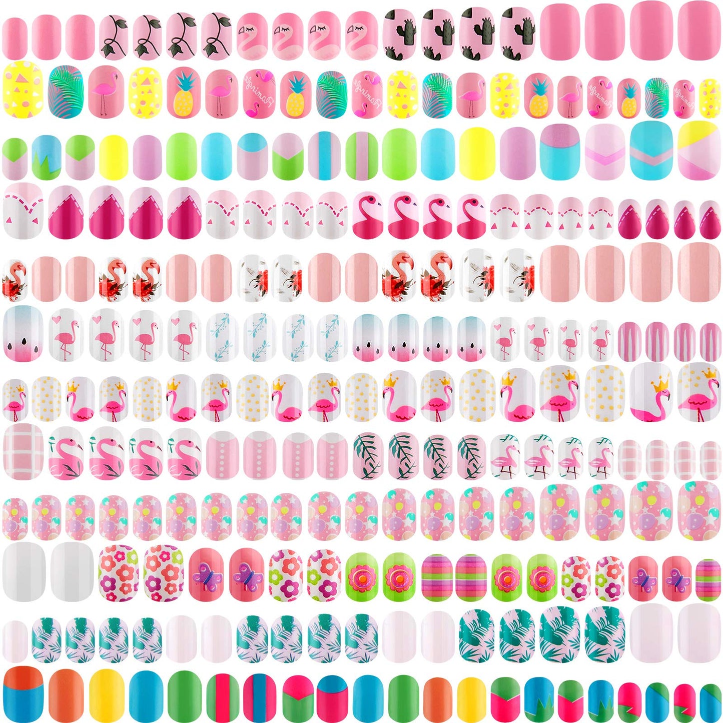 240 Pieces 12 Sets Press on Nails for Kids Girls Fake Nails Artificial False Fingernail Pre-glue Full Cover Cartoon Gradient Short Nail Tip for Girls Kids Nail Decoration