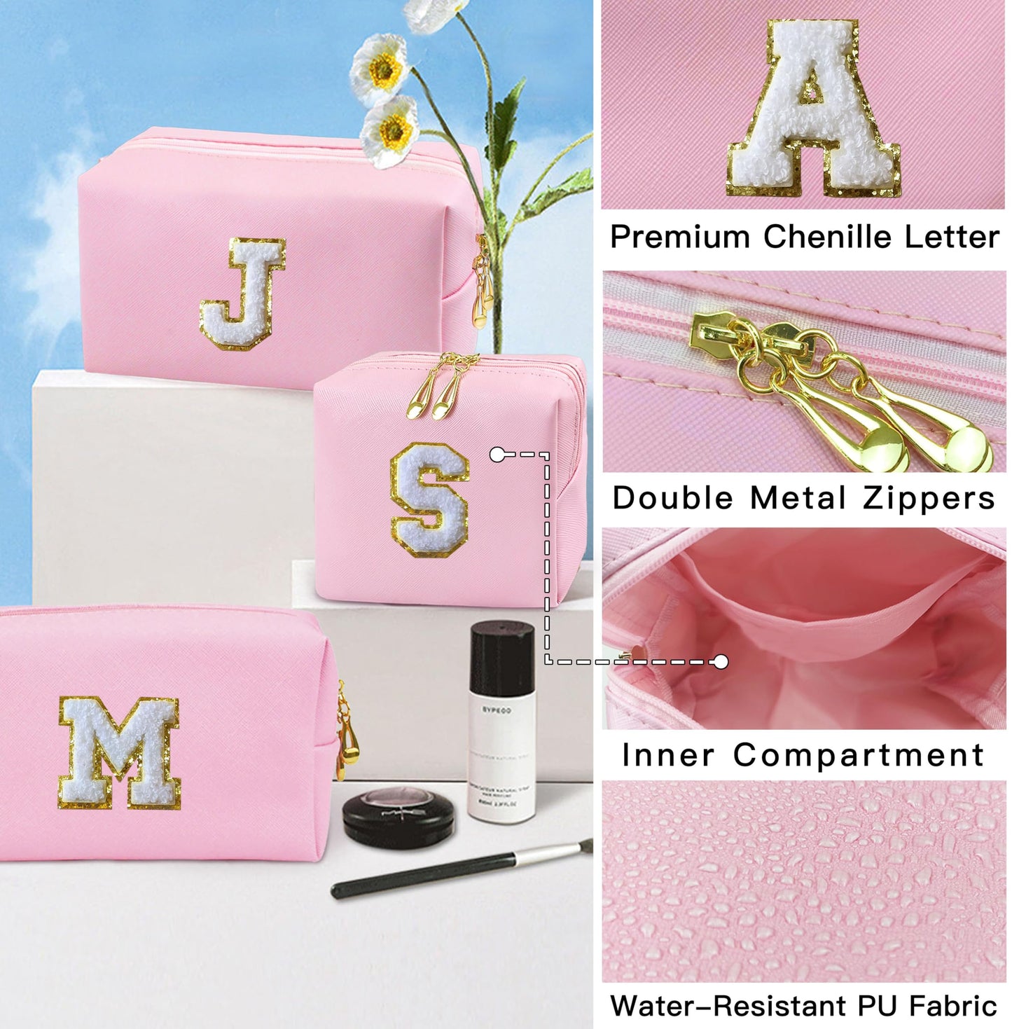 COSHAYSOO 2 Pieces Initial Makeup Bag Small Cosmetic Period Pouch Sanitary Napkin Storage PU Leather Puffy Letter Patch for Teen Girl Friend Bridal Shower Bride Wedding Team Bridesmaid Gift Pink B