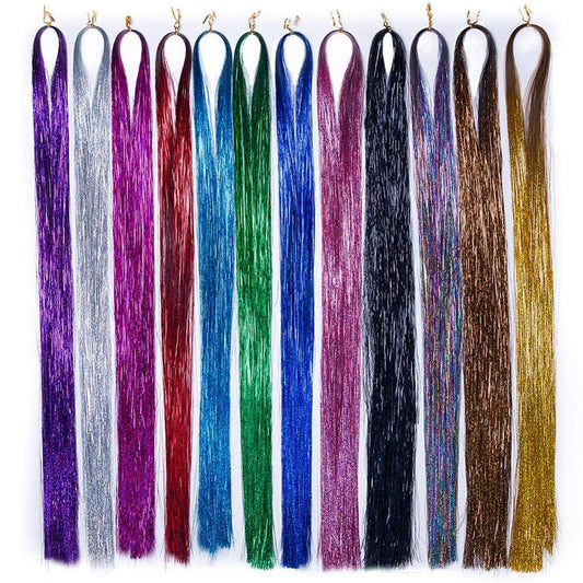 DANSEE 48" Hair Tinsel 7200+ Glitter Strands Extensions 12 Colors Set Sparkling & Shiny Fairy Hair Dazzle Glitter Extensions Heat Resistant Synthetic Party Highlights Bling Hairpiece Kit