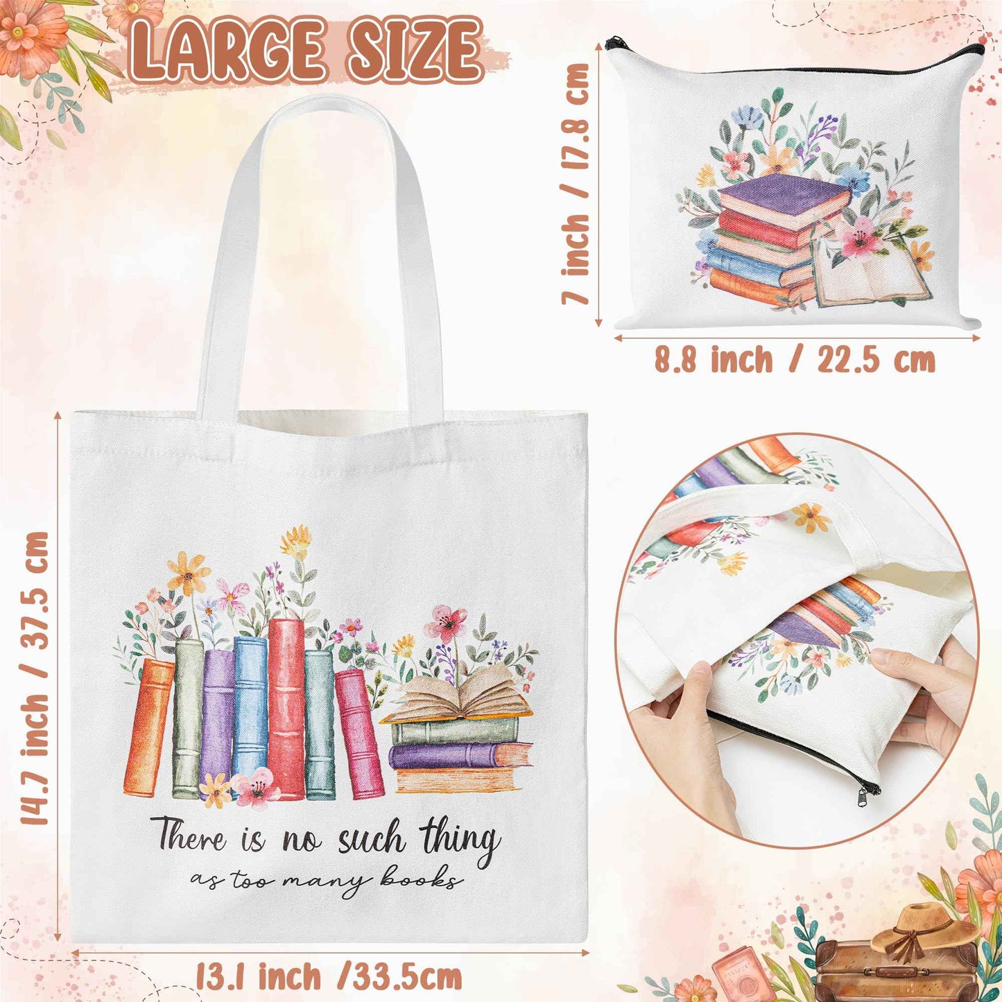 Y1tvei Aesthetic Canvas Tote Bag - 2Pcs Colorful Reading Canvas Cosmetic Bag Set There Is No Such Thing As Too Many Books Tote Bag Makeup Reusable Grocery Bags Black to School Gift for Women Girls