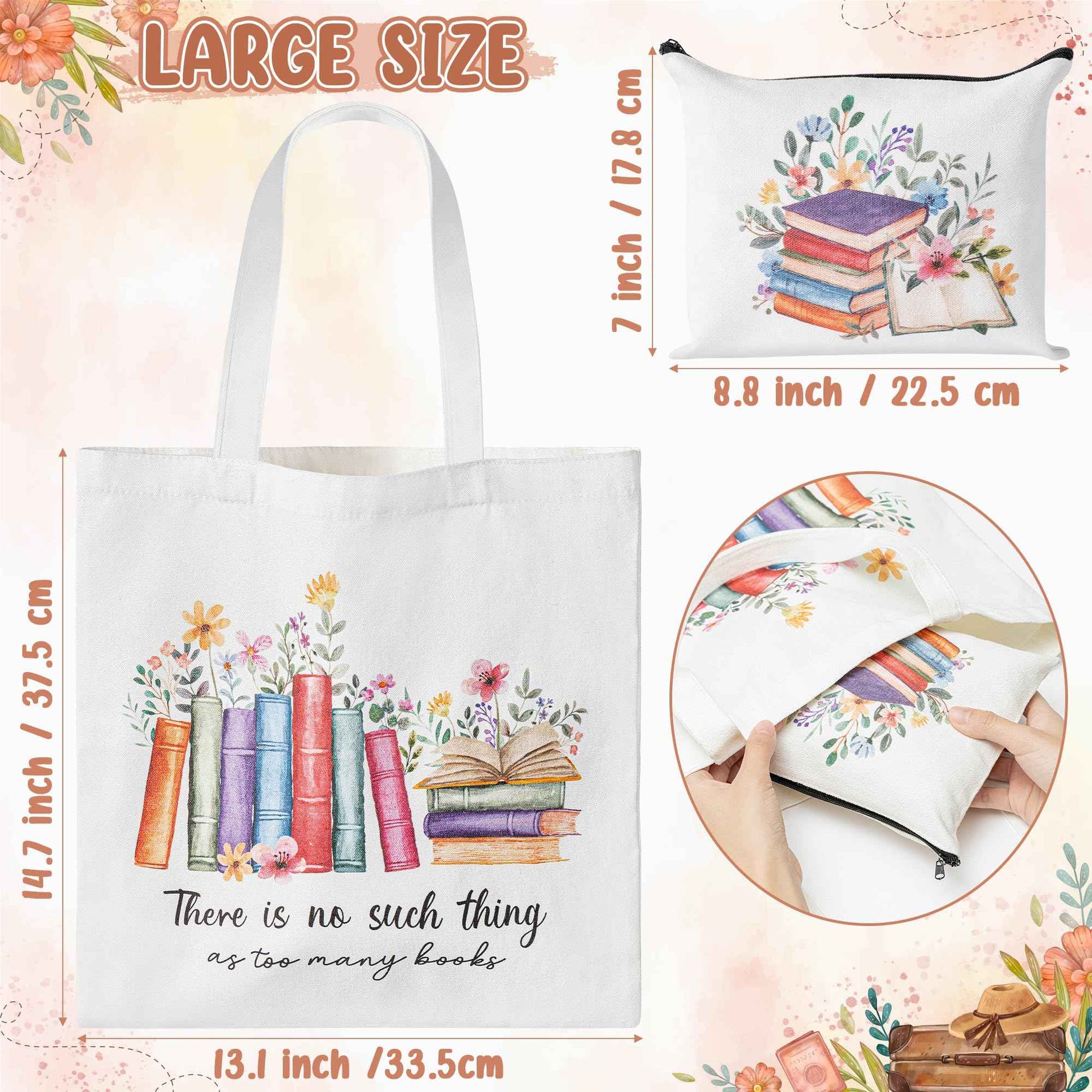 Y1tvei Aesthetic Canvas Tote Bag - 2Pcs Colorful Reading Canvas Cosmetic Bag Set There Is No Such Thing As Too Many Books Tote Bag Makeup Reusable Grocery Bags Black to School Gift for Women Girls