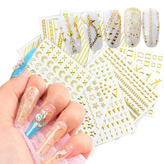 Gold Nail Art Stickers, Metallic Chains Line Triangle Heart Circle Letters Stars Square Nail Self-Adhesive Sticker Designs, Gold Nail Transfer Decals Supplies for Women Girls Manicure Decorations