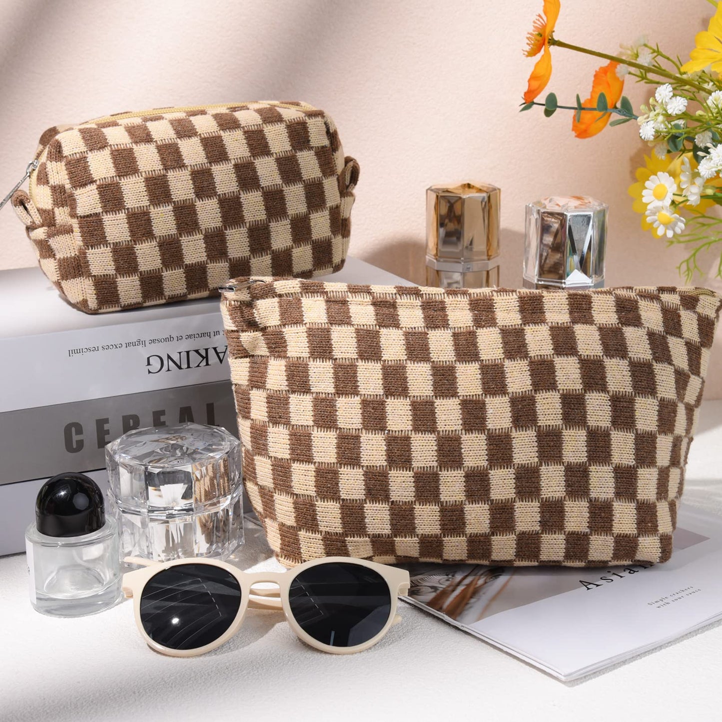 SOIDRAM 2 Pieces Makeup Bag Large Checkered Cosmetic Bag Brown Capacity Canvas Travel Toiletry Bag Organizer Cute Makeup Brushes Aesthetic Accessories Storage Bag for Women