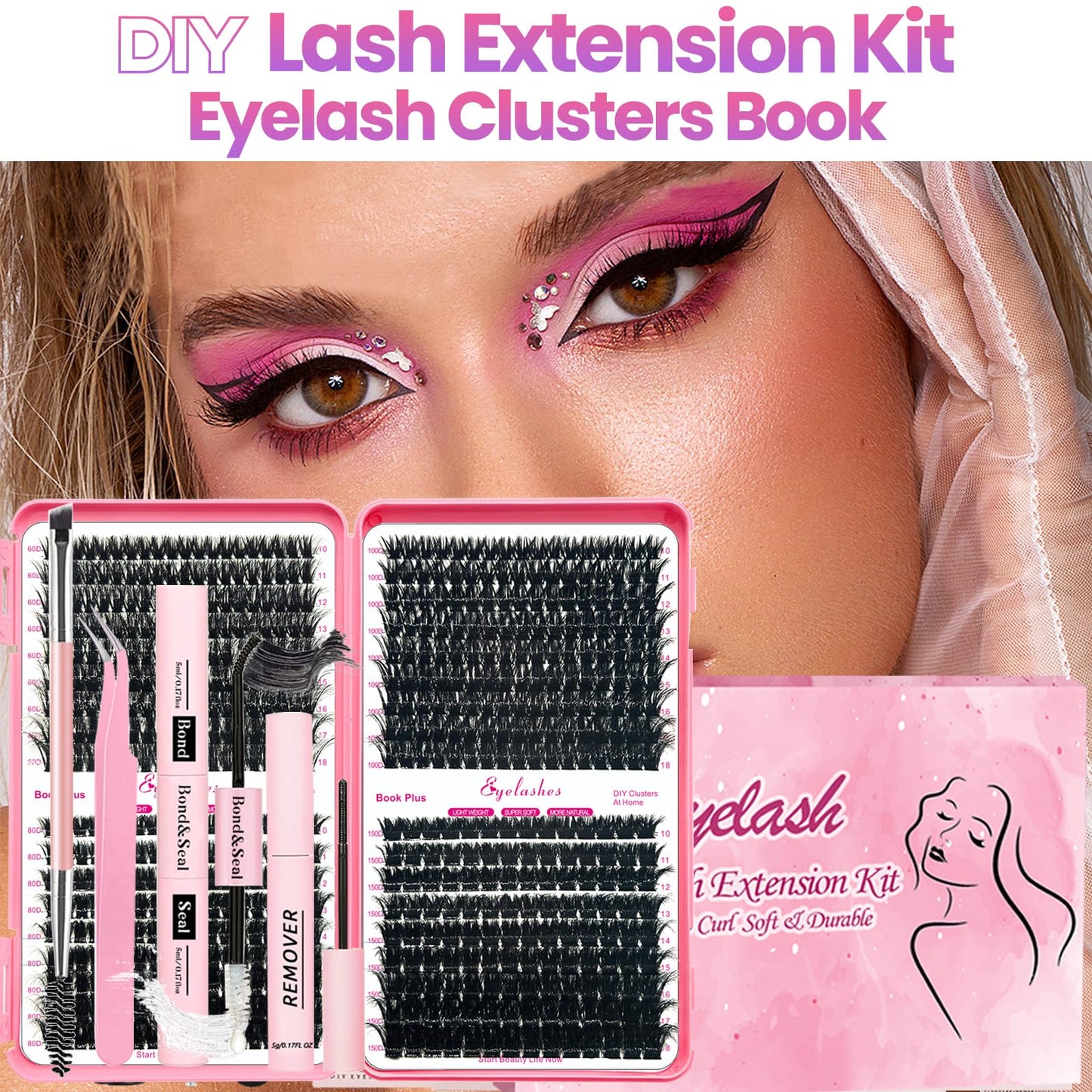 QiveaoryDIY Fluffy Lash Extension Kit 630pcs Lashes Clusters Thick D Curl Eyelash Extension Kit with Lash Bond and Seal,Eyelash Remover Tweezers Brush(10-18mm,60D+80D+100D+150D) DIY at Home